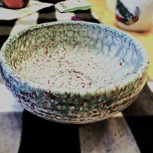 Raku Art Pottery Bowl Turquoise White Brown stamped by Artist M Madsen Blaine WA